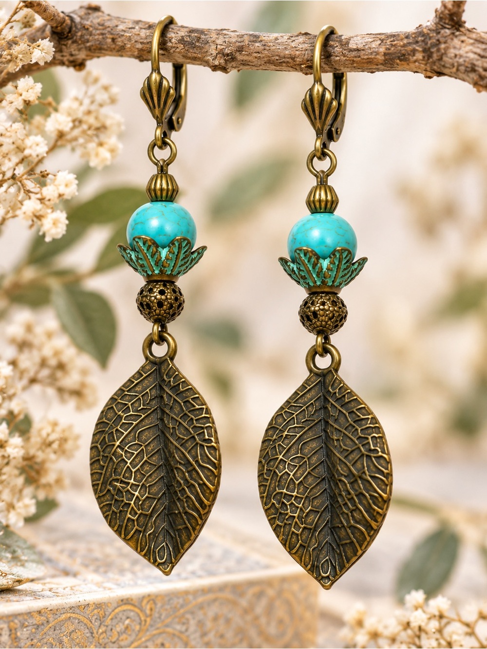 Turquoise-Inspired Leaf Earrings, Antique Brass Botanical Dangles
